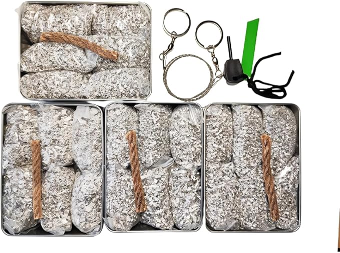 Emergency Fire Starter Magnesium 6 Bags Wax Infused Jute Rope Ferro Rod Striker Saw Wire for Camping Hiking Bushcraft Hurricane + Tin Container