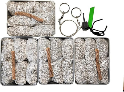 Emergency Fire Starter Magnesium 6 Bags Wax Infused Jute Rope Ferro Rod Striker Saw Wire for Camping Hiking Bushcraft Hurricane + Tin Container