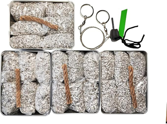 Emergency Fire Starter Magnesium 6 Bags Wax Infused Jute Rope Ferro Rod Striker Saw Wire for Camping Hiking Bushcraft Hurricane + Tin Container