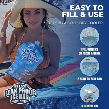 Leak Proof Ice Bag Reusable (2.5 lbs) - Premium Lunch Box Ice Packs Reusable - 40 oz Refillable Collapsible Water Bottles (Pack of 2)