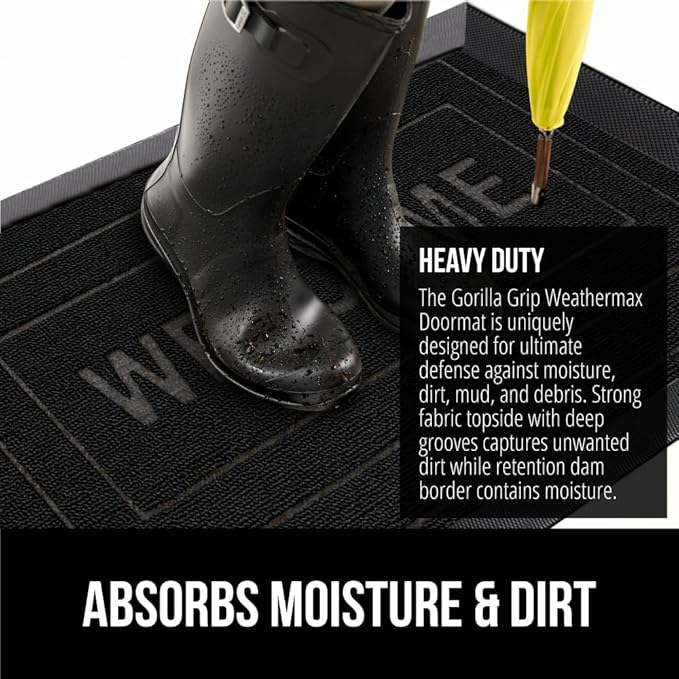 GORILLA GRIP 100% Waterproof All-Season WeatherMax Doormat, 23x35, Durable Natural Rubber, Stain and Fade Resistant, Low Profile, Indoor Outdoor Doormats, Easy Clean Patio Entry Mat, Black Welcome