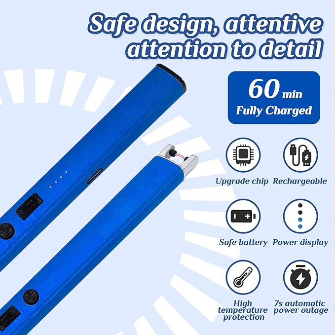 2 PCS Candle Lighter,Windproof Flameless Electric Lighter with LED Power Display ＆ Safety Switch, Upgraded Plasma USB Rechargeable Lighter for Birthday Camping BBQ (Blue)