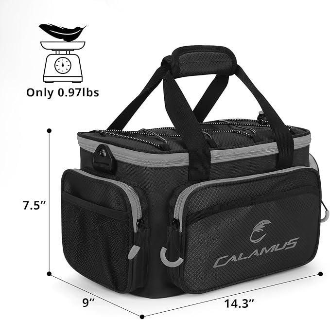 Calamus Fishing Tackle Bags - Saltwater & Freshwater Fishing Bags - Rip-Stop PE - Padded Shoulder Strap - Pliers Storage - Black