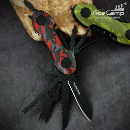 14-in-1 pocket multi-tool, camo stainless steel tool with blade, scissors, corkscrew, serrated, screwdriver, outdoor, fishing, hiking, camping Green