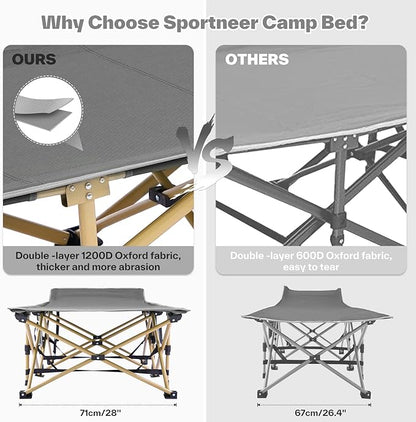 Sportneer Camping Cot: 1200D Double Layer Oxford Foldable Camping Cots for Adults - Heavy Duty Cots for Camping Travel Tent Day Outdoor & Home Guest, Camping Cots with Carry Bag & 2 Side Pockets