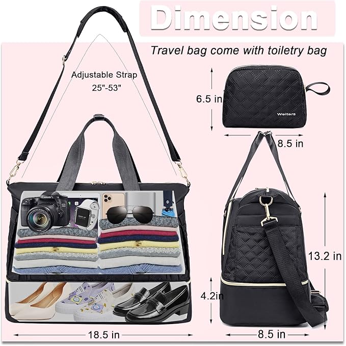 Weitars Women's Gym Duffel Bag - Travel Weekender with Shoes Compartment & Wet Pocket, Large Carry-On Overnight Bag (Black)