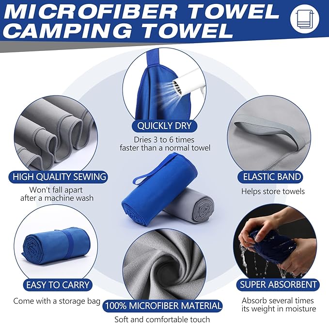 2 Pack Microfiber Beach Towel Large Travel Towel 60 x 30 Inch Quick Dry Swimming Towel Absorbent Ultra Compact Lightweight Camping Towel for Gym, Hiking, Pool, Yoga