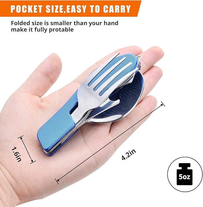 HIKENTURE Camping Utensils 2 Pack,4-in-1 Stainless Steel Spoon, Fork, Knife, and Bottle Opener Combo - Lightweight and Portable Travel Eating Silverware for Hiking, Backpacking, Boy Scout(Blue 2pack)