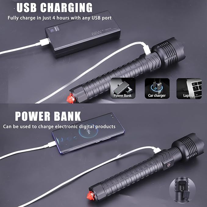 Rechargeable Led Flashlights 12000 Lumens Flashlight 9.3in Handheld Flashlights IP44 Waterproof Zoomable 5 Modes Waterproof Flash Lights for Emergency, Outdoor, Home, Camping, Hiking(Battery Free)