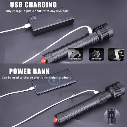 Rechargeable Led Flashlights 12000 Lumens Flashlight 9.3in Handheld Flashlights IP44 Waterproof Zoomable 5 Modes Waterproof Flash Lights for Emergency, Outdoor, Home, Camping, Hiking(Battery Free)