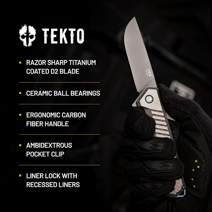 F1 Alpha Folding Pocket Knife - Modified Straight Back Blade,Titanium Coated D2 Steel, Ideal for Outdoor Camping and Backpacking, Tactical Carbon Fiber Handle, Blue Titanium Accents