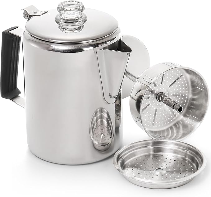 Camping Coffee Pot Stainless Steel, Coffee Pot Outdoors, Durable Stove Top Coffee Maker, Brew Coffee on Fire, Ideal for Group Camping, Hiking, Backpacking, RV and Travel, 9 Cups