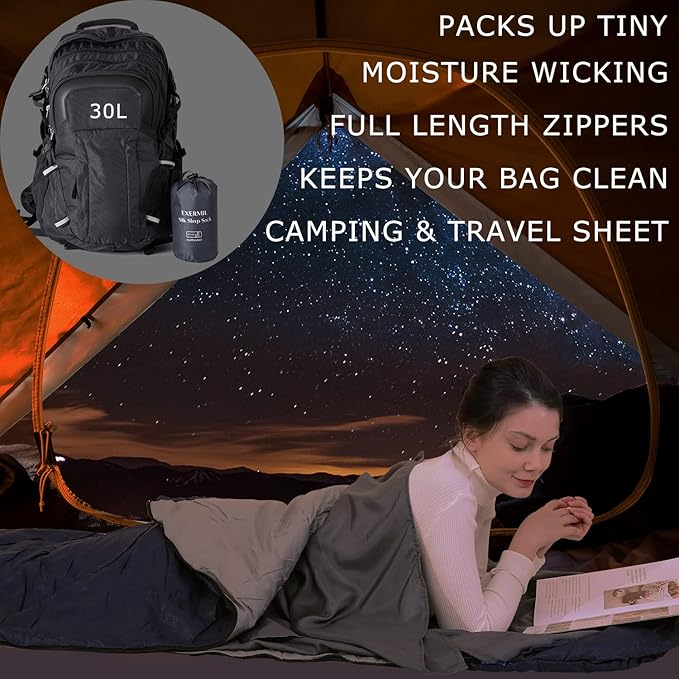 100% Silk Sleep Sack with All Around Zippers, 87”x43” Large Sleeping Sheets for Hotels, Travel & Camping, Multifunctional Travel Sheets (Unzipped:87”x87”) for Adults, Lightweight, All Season