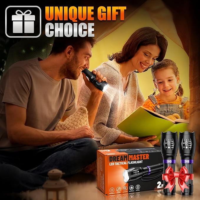 2 Pack LED Flashlights High Lumens with 6 AAA Batteries, 5 Modes Mini Waterproof Tactical Flashlight for Camping Hiking, Bright Flashlight with Zoomable, Fathers Day Dad Gifts for Him, Black & Purple