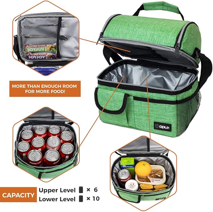 opux Lunch Box for Men, Adult Lunch Box Cooler, Insulated Lunch Bag Women, Dual Compartment Lunchbox for Work, Leakproof Double Decker Lunch Bag, Soft Lunch Pail Tote Boys Girls Kids School, Green