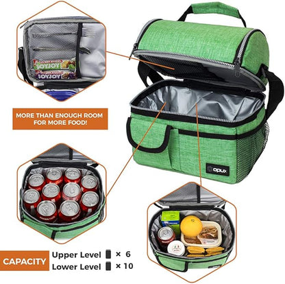opux Lunch Box for Men, Adult Lunch Box Cooler, Insulated Lunch Bag Women, Dual Compartment Lunchbox for Work, Leakproof Double Decker Lunch Bag, Soft Lunch Pail Tote Boys Girls Kids School, Green