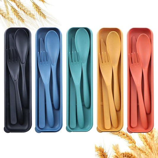 Reusable Travel Utensils Set with Case, 5 Sets Wheat Straw Portable Plastic Fork Spoons Knife Camping Cutlery, Eco-Friendly BPA Free Lunch Tableware Travel Picnic Utensils for Kids Adults Daily Use
