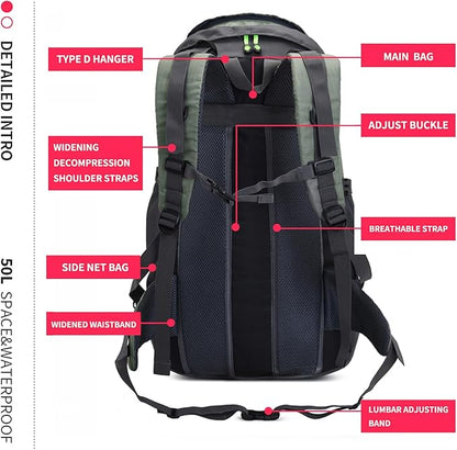 Bseash 50L Hiking Backpack, Water Resistant Lightweight Outdoor Sport Daypack Travel Bag for Camping Climbing Touring (Army Green - With Shoe Compartment)