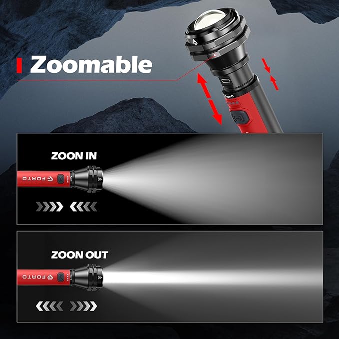 FORTO Flashlight 100000 High Lumens,Super Bright LED Rechargeable Flashlight,Zoomable,Waterproof,4 Modes Flash Light with Side Lights,Handheld Flashlights for Camping,Hiking,Emergency,Home,Red