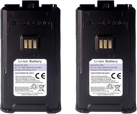 BAOFENG 2 Pack UV-5RM Battery 2500mAh Enlarge Capacity for UV-5RH Two Way Radio USB-C Charging 7.4V BL-5RH Li-ion Battery Replacement GM-5RH Walkie Talkie Accessories