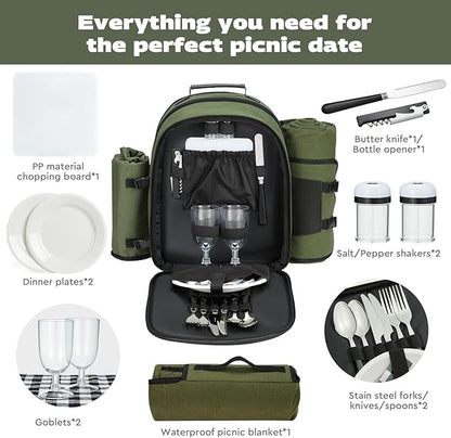 22L Insulated Picnic Basket Leak Proof Picnic Backpack for 2, Green Camping Gifts, Cool Bridal Shower Gifts for Bride and Groom, Mr and Mrs, Anniversary Engagement Wedding for Newly Engaged Couples