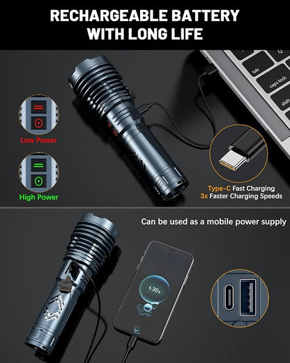 Rechargeable Flashlights 2000000 High Lumens Super Bright LED Flashlight Flash Light Powered by Battery|25H Long Life|Holster|Zoomable 6Modes|Waterproof Tactical Flashlights for Camping Outdoor Home