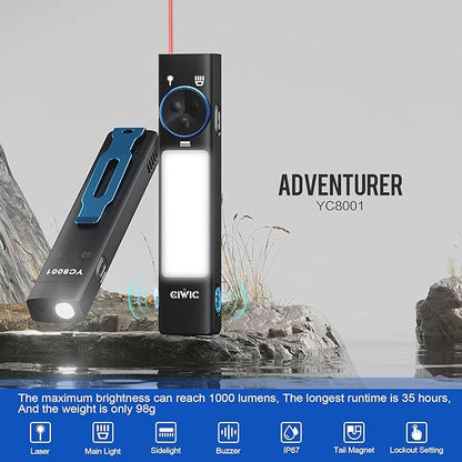 1000LM LED Flashlight Rechargeable EDC IP67 Waterproof Flashlight 12 Modes with Magnetic Buzzer 365nm UV Light Outdoor Camping Light Multi-Function Tactical Flashlight
