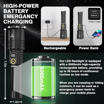 Rechargeable Flashlights High lumens, 900000LM Super Bright LED Tactical Flashlight, Zoomable, IPX6 Waterproof, 6 Modes, Powerful Handheld Flash Light for Emergencies, Camping, Hiking