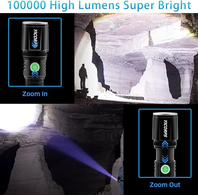 Rechargeable Flashlights High Lumens, 100000 Lumens Super Bright LED Flashlight, Powerful Waterproof Flashlight with 3 Modes and Zoomable for Emergencies, Camping, Hiking(2 Pack)