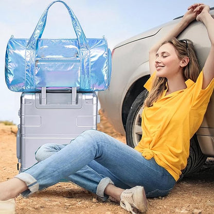Gym Bag Sports Duffle Bag with Wet Pocket Weekender Overnight Bag with Waterproof Shoe Pouch and Air Hole for Girls Kids Women Travel Foldable Bag
