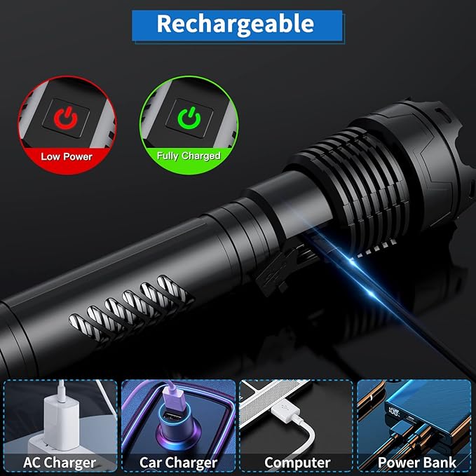 Super Bright LED Flashlight, 3600000 High Lumen Rechargeable Flashlights with Long Handle, 10000mAh Battery, Zoomable 5 Modes for Outdoor Camping, Emergencies