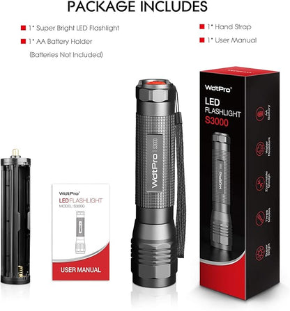WdtPro High-Powered LED Flashlight S3000, Super Bright Flashlights - High Lumen, IP67 Water Resistant, 3 Modes and Zoomable for Camping, Emergency, Hiking, Gift