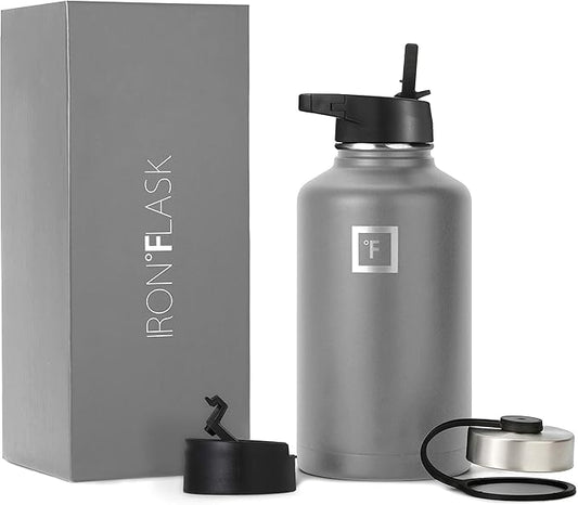 IRON °FLASK Camping & Hiking Hydration Flask, Wide Mouth, 3 Straw Lids, Stainless Steel Outdoor Water Bottle, Double Walled, Insulated Thermos, Metal Canteen - Graphite, 64 Oz