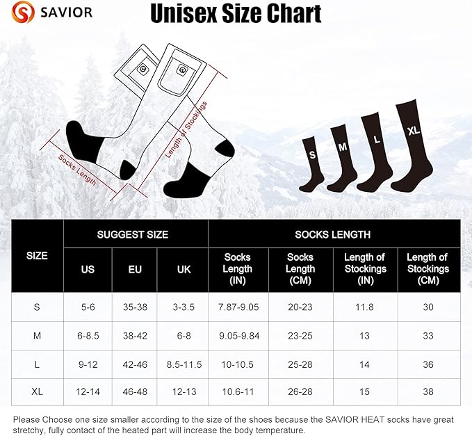 Heated Socks for Men Women, SAVIOR HEAT Electric Rechargeable Battery Thick Long Ski Socks for Winter Cold Weather Hunting Hiking Camping Skating Motorcycle Cycling Fishing