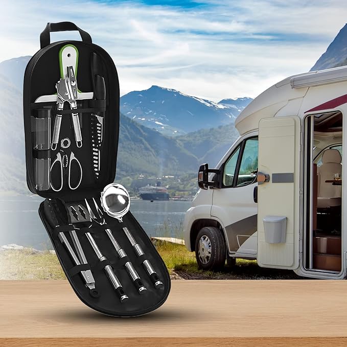 Camp Cooking Utensils | 11 Piece Camping Kitchen | RV Cookware Kit | Travel Grill Set | BBQ Accessories & Essentials for Camper