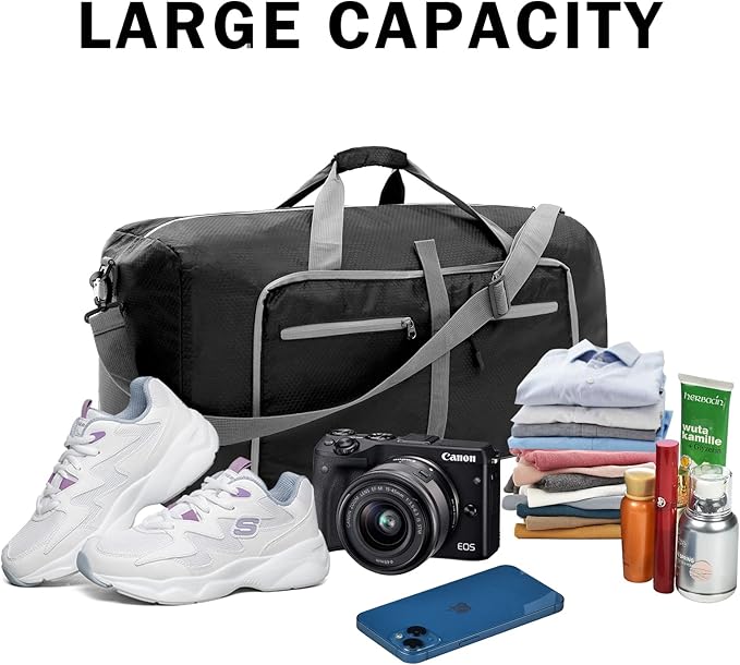 Dimayar Travel Duffle Bag for Men Women - Foldable Duffel Bag with Shoes Compartment - Overnight Bags Waterproof & Tear Resistant(65L,Black)