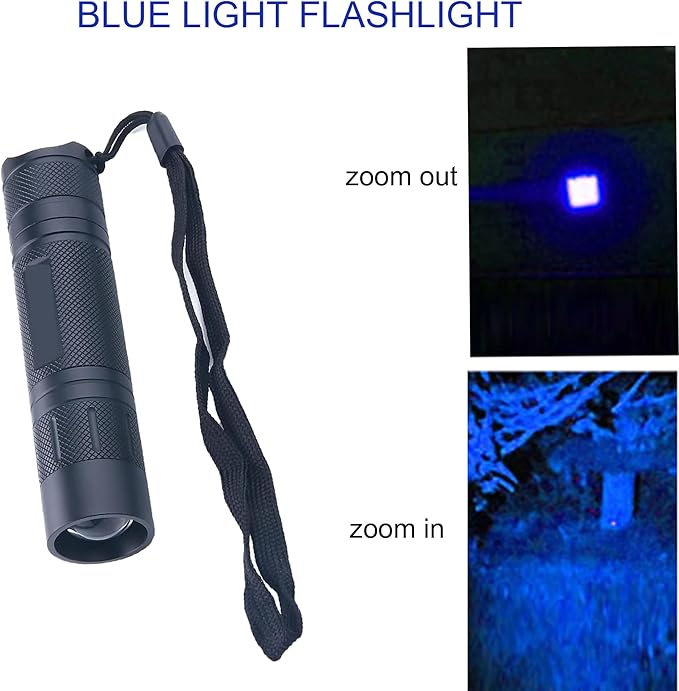 Blue Light Flashlight Single Mode Zoomable Blue LED Flashlights for Night Hunting, Fishing