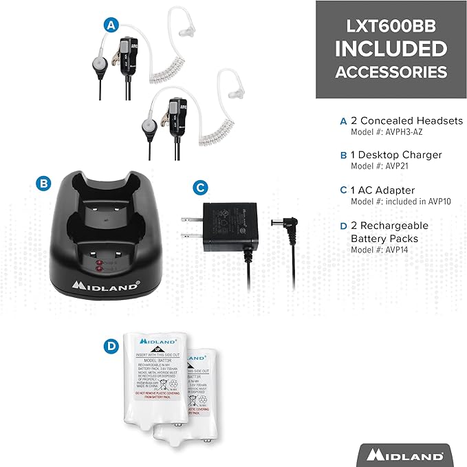 Midland LXT600BB FRS Walkie Talkie Set - Long Range Two-Way Radio with NOAA Weather Alert Technology, 36 Channels, and Silent Operation (Black, 2 Radio Set)