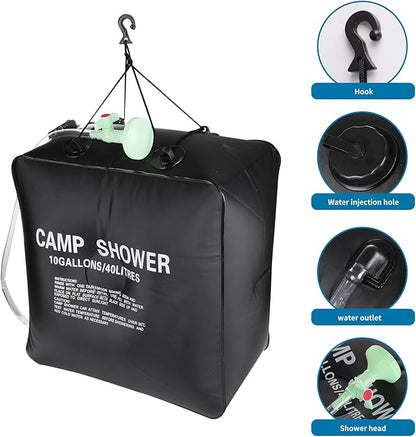 Camping Shower Protable Outdoor Solar Shower Bag 40L/10 Gallons (Black, 40L)