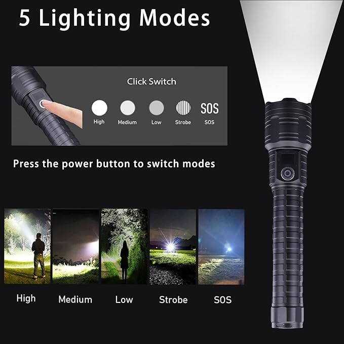 Flashlights High Lumens 12000Lumen Flashlight 5 Modes Power Display IP44 Waterproof, Zoomable High Power Flashlight for Camping Hiking Gift, Flashlights for Emergencies（9.6 * 2）(Battery Free)