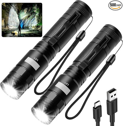Flashlight Rechargeable High Lumens, Flashlight Rechargeable USB-C, Powerful Handheld Flash Light 5 Modes, Super Bright Pocket LED Flashlight for Camping, Emergency, Rescue（2 Pack）