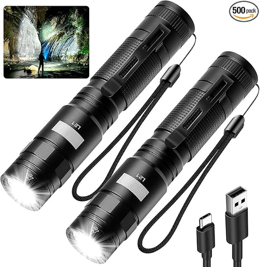 Flashlight Rechargeable High Lumens, Flashlight Rechargeable USB-C, Powerful Handheld Flash Light 5 Modes, Super Bright Pocket LED Flashlight for Camping, Emergency, Rescue（2 Pack）
