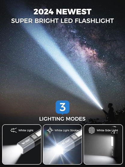 Smiling Shark LED Flashlight, G1 Flash Light Black 3 Modes Zoomable Focus White Sidelight Waterproof Powerful Super Bright EDC Torch Light Outdoor Emergency,Mini-Rechargeable-LED-Flashlight-Camping