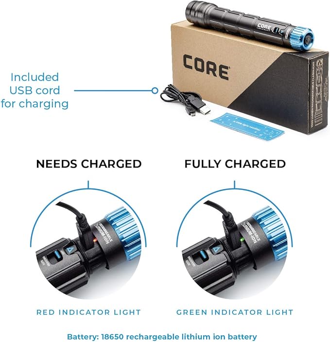 CORE 1500 Lumen CREE LED Rechargeable Camping Emergency Flashlight, Lithium Ion Batteries, Auto-dimming