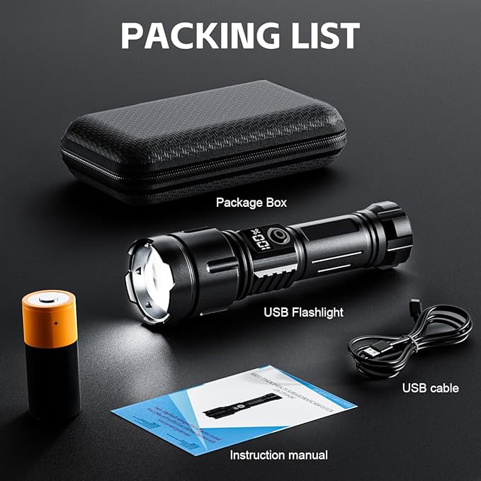 Flashlights High Lumens Rechargeable, 20,000 Lumens Super Bright Flashlight with LCD Digital Display, Zoom, 5 Modes, Waterproof, Type-C Rechargeable, Tactical Flashlight for Emergencies, Camping