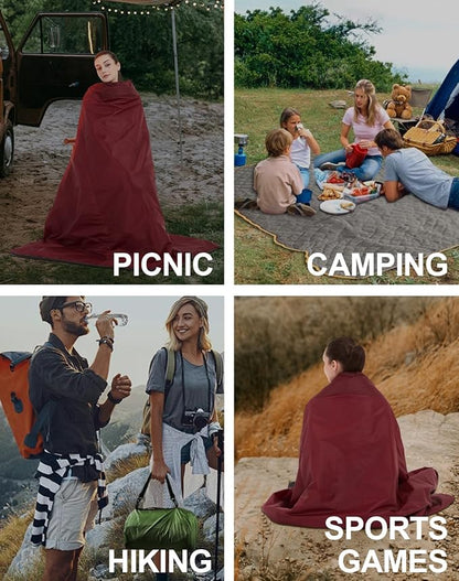 C-LIGHT Outdoor Hooded Blanket, Wearable Stadium Blankets Waterproof Windproof, Emergency Warm Blanket for Rain&Cold Weather - Perfect for Picnic, Camping, Outdoor Sports, Stadium,Beach (WineRed)