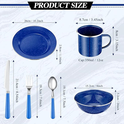 48 Pcs Enamel Camping Tableware Set for 8 Includes 12 oz Enamel Coffee Mugs 10.5 Inch Camping Plates 6 Inch Bowls and Camping Utensils Set Includes Knife Fork Spoon for Camping Outdoor RV