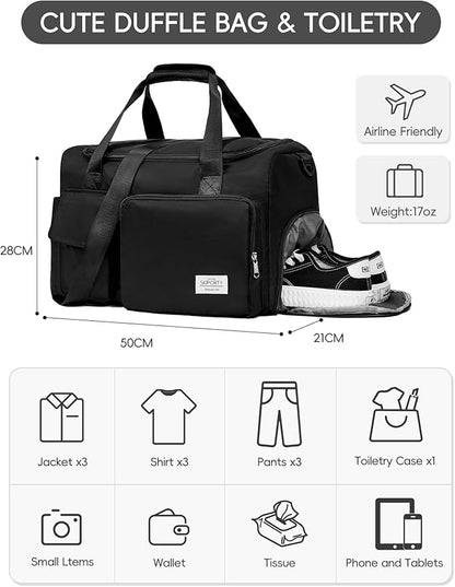 Small Duffle Bag for Men Women with Shoes Compartment Sports Gym Bags for Men Women Dry Wet Separated Pocket Travel Overnight Weekender Yoga Handbag Bag- Black
