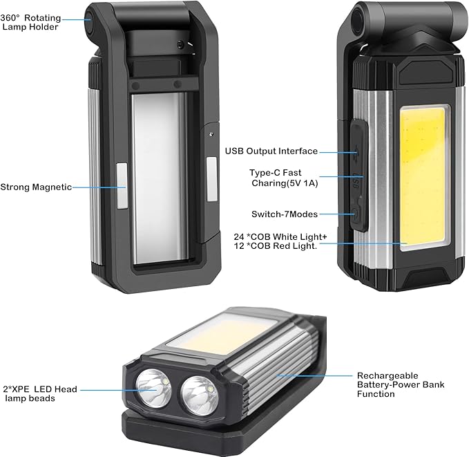 LED COB Rechargeable Flashlight Worklight,Trouble Lamp Gadget for Men Dad Birthday Gift Idea,Portable Torch Tool with Magnet Base 180° Rotate 7 Modes 2 Colors Light for Camping Mechanic BBQ