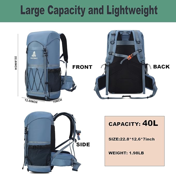 Bseash 40L Waterproof Hiking Backpack with Rain Cover, Outdoor Sport Travel Bag Daypack for Camping Climbing Skiing Cycling (Light Blue)